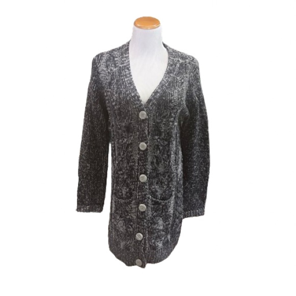 Cynthia Rowley Long Chunky Knit Blue & White Tweed Cardigan Sweater Size L